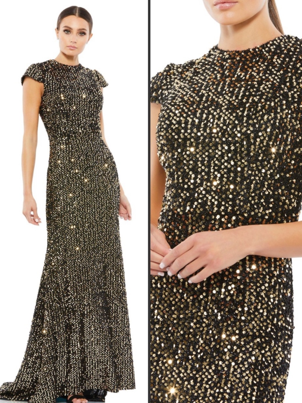 Mac Duggal Black Gold Sequin Cap Sleeve Gown Dress Size 4